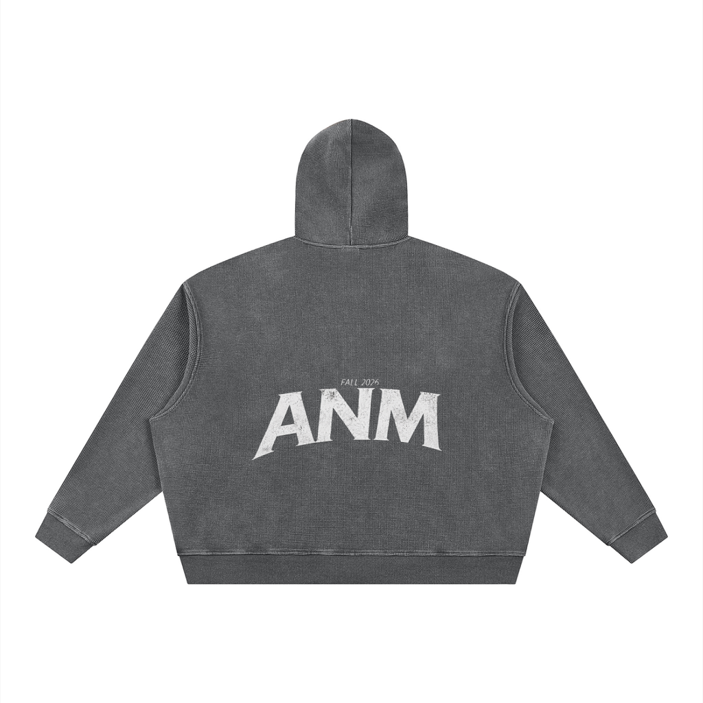ANM Vintage Wash Boxy Waffle Full Zip Hoodie